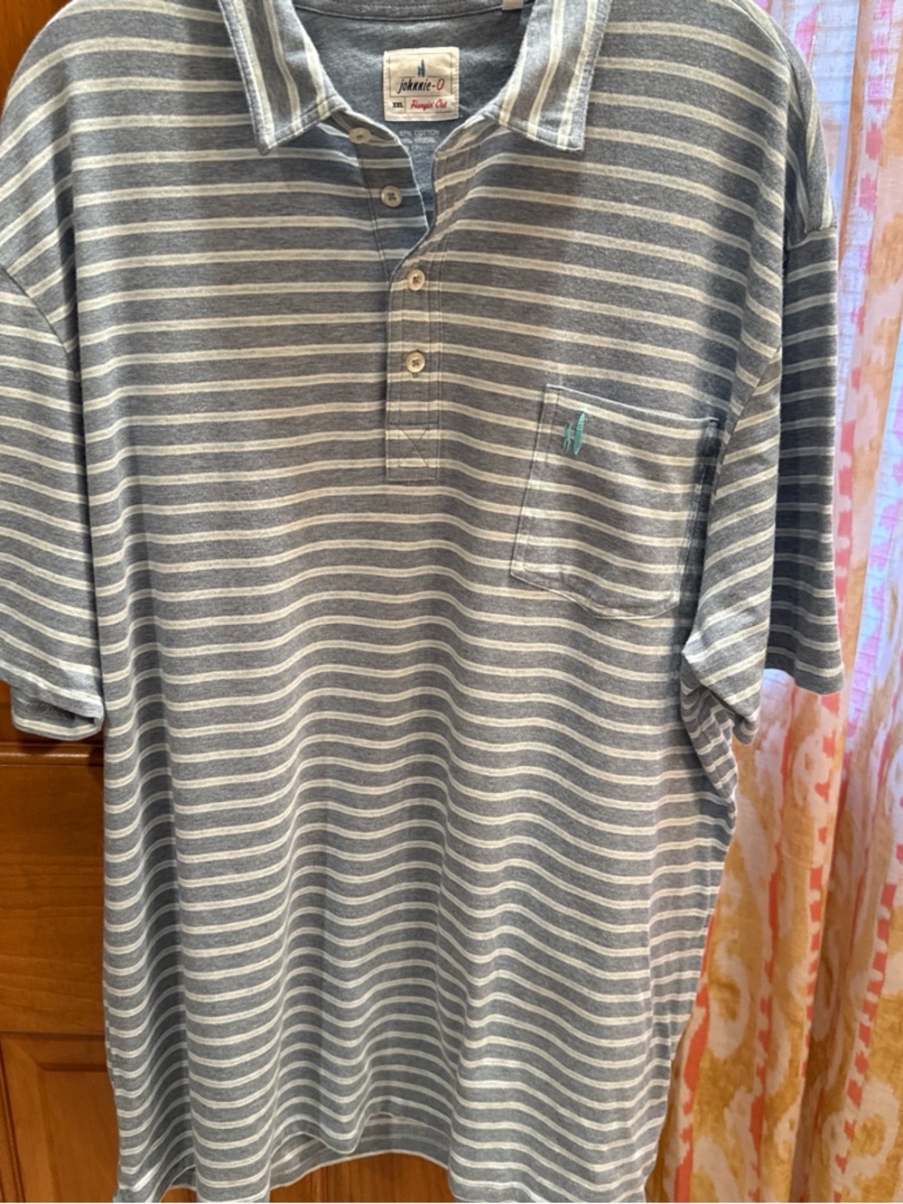 johnnie-O Short-Sleeve Striped Polo in Gray, Blue & White